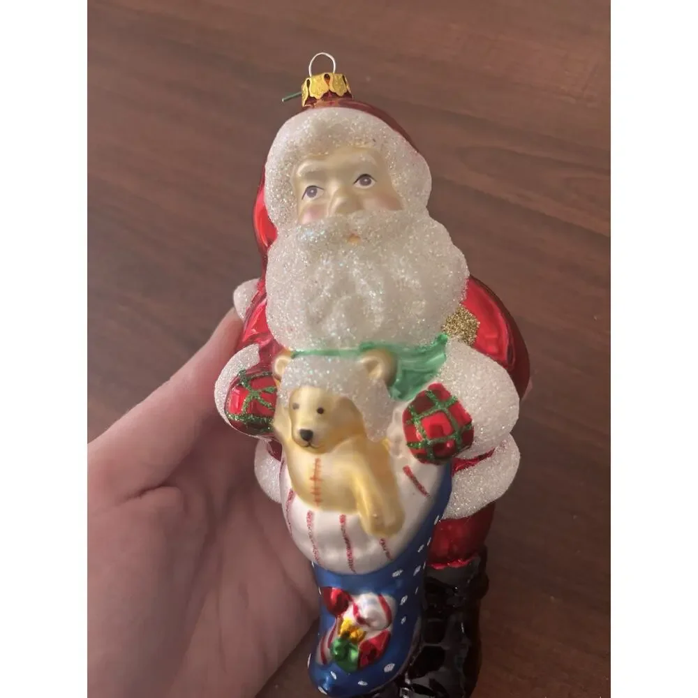 Vintage Glass Christmas Ornament Santa With Stocking EUC Hand Painted